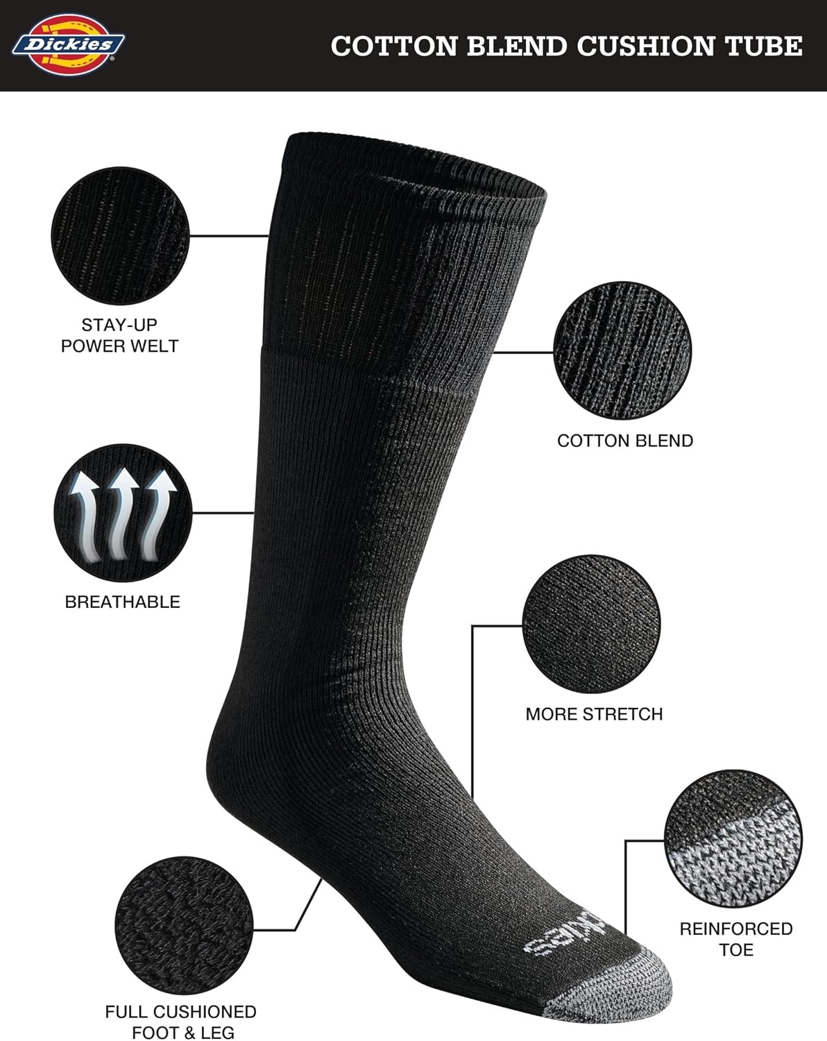 image:imageDickies Mens Cushioned Work Tube Socks 36 PairsBlack 36 Pairs
