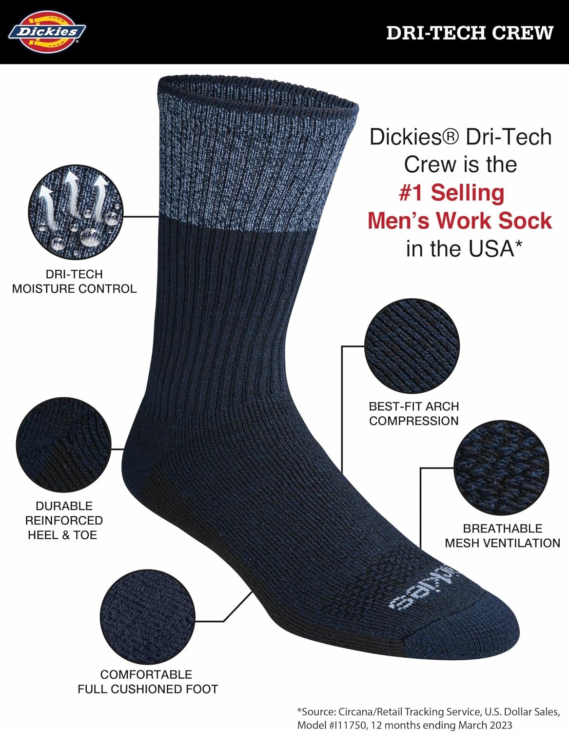 image:imageDickies Mens DriTech Essential Moisture Control Crew Socks Available in MXXL 6 12 PairsBlue Marl 6 Pairs