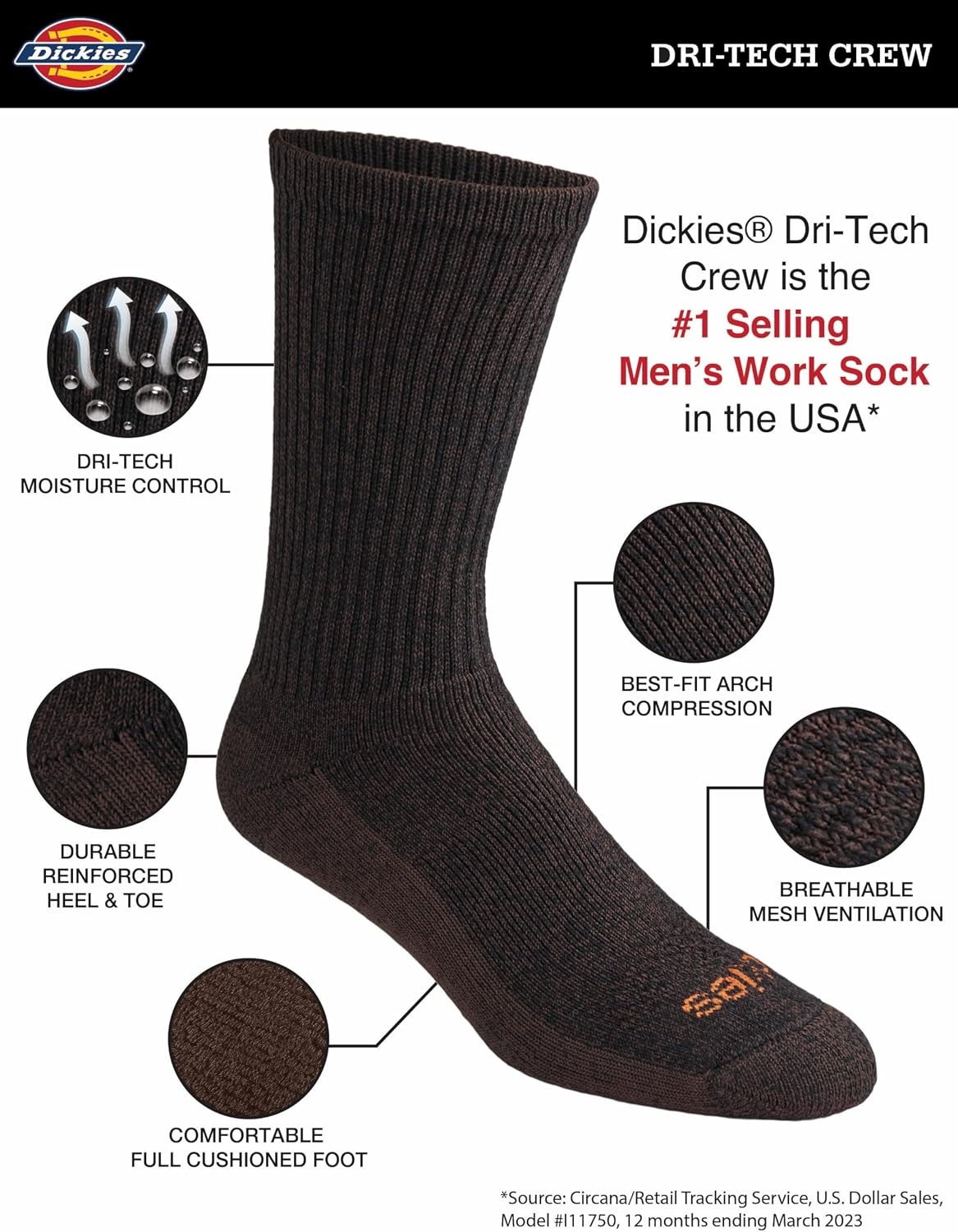 image:imageDickies Mens DriTech Essential Moisture Control Crew Socks Available in MXXL 6 12 PairsChar Assorted 6 Pairs
