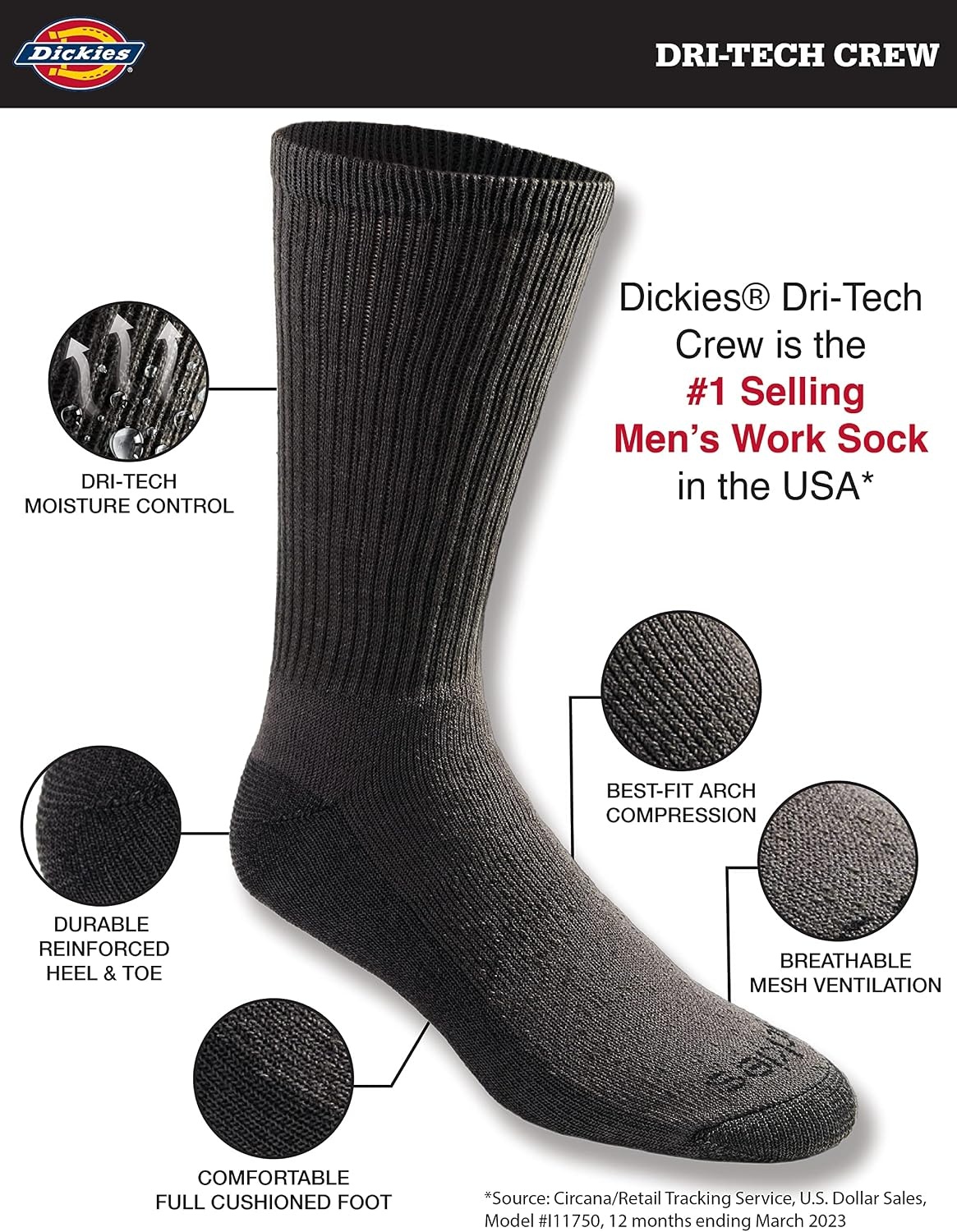 image:imageDickies Mens DriTech Essential Moisture Control Crew Socks Available in MXXL 6 12 PairsCharcoal 12 Pairs