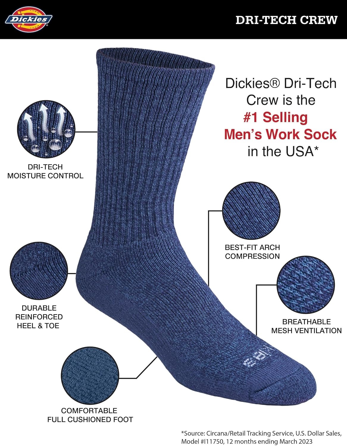 image:imageDickies Mens DriTech Essential Moisture Control Crew Socks Available in MXXL 6 12 PairsDark Mix Assorted 6 Pairs