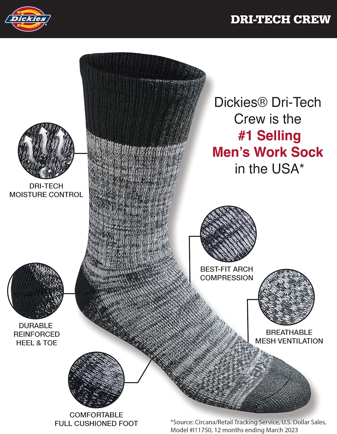 image:imageDickies Mens DriTech Essential Moisture Control Crew Socks Available in MXXL 6 12 PairsFree Run 6 Pairs