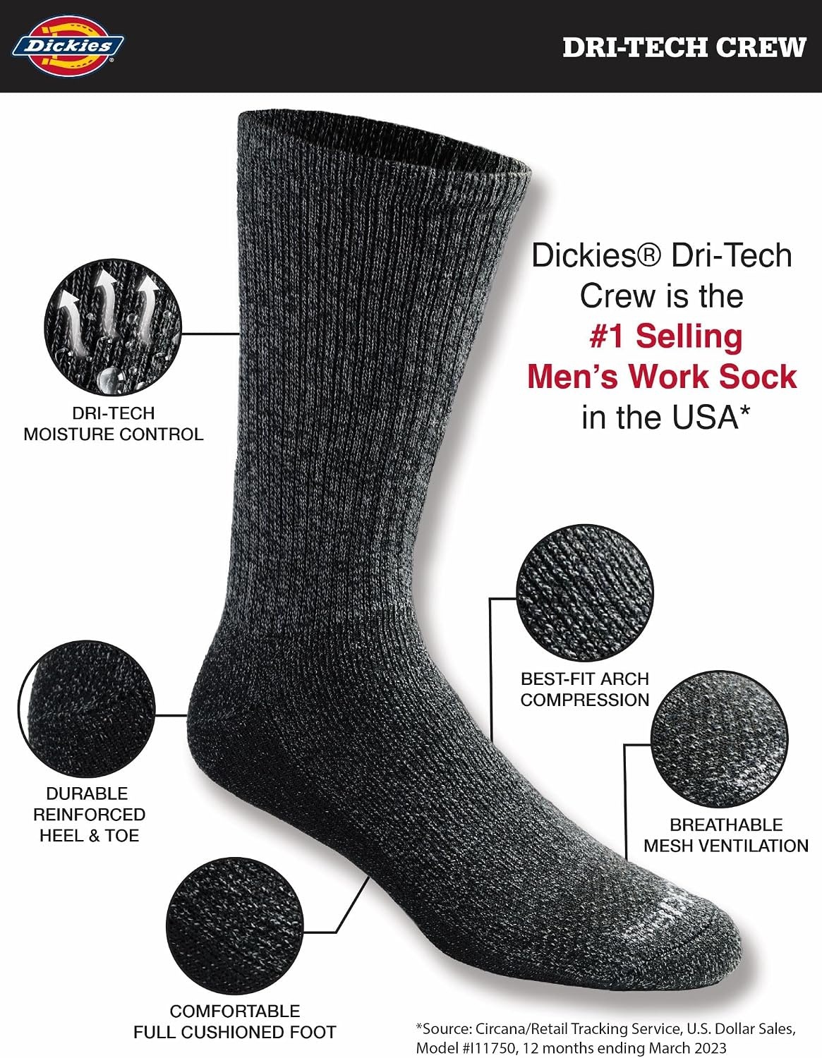image:imageDickies Mens DriTech Essential Moisture Control Crew Socks Available in MXXL 6 12 PairsHeathered Grey 6 Pairs