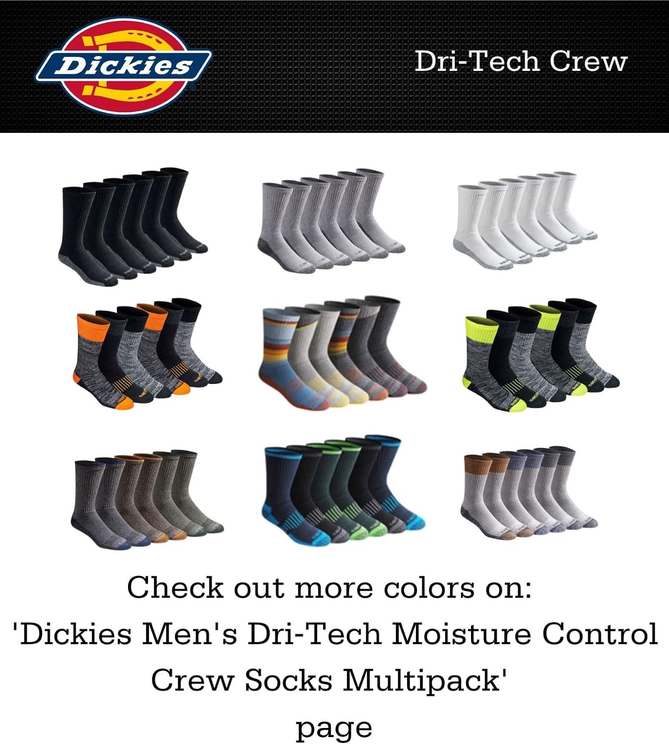 image:imageDickies Mens DriTech Essential Moisture Control Crew Socks Available in MXXL 6 12 PairsLight Wardrobe Assorted 6 Pairs