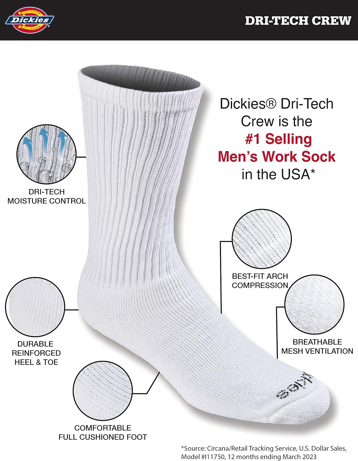 image:imageDickies Mens DriTech Essential Moisture Control Crew Socks Available in MXXL 6 12 PairsLight Wardrobe Assorted 6 Pairs