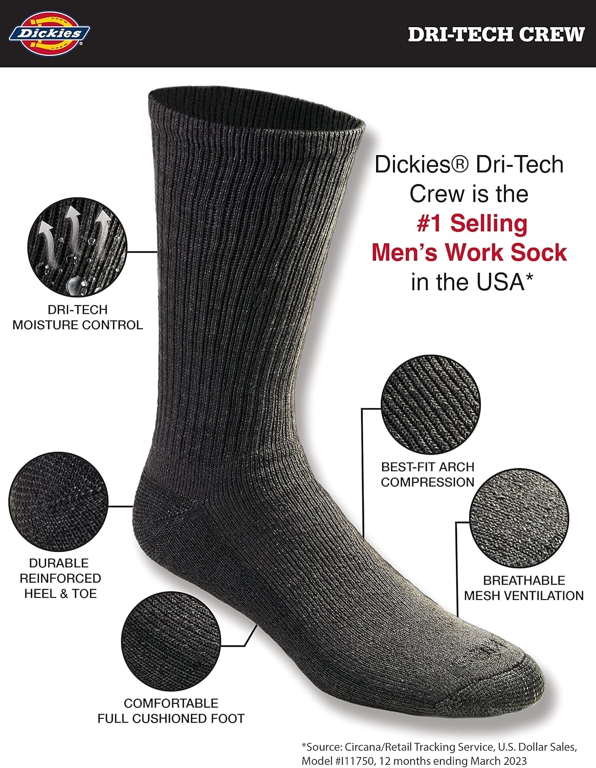 image:imageDickies Mens DriTech Essential Moisture Control Crew Socks Available in MXXL 6 12 PairsMixed Denim 6 Pairs