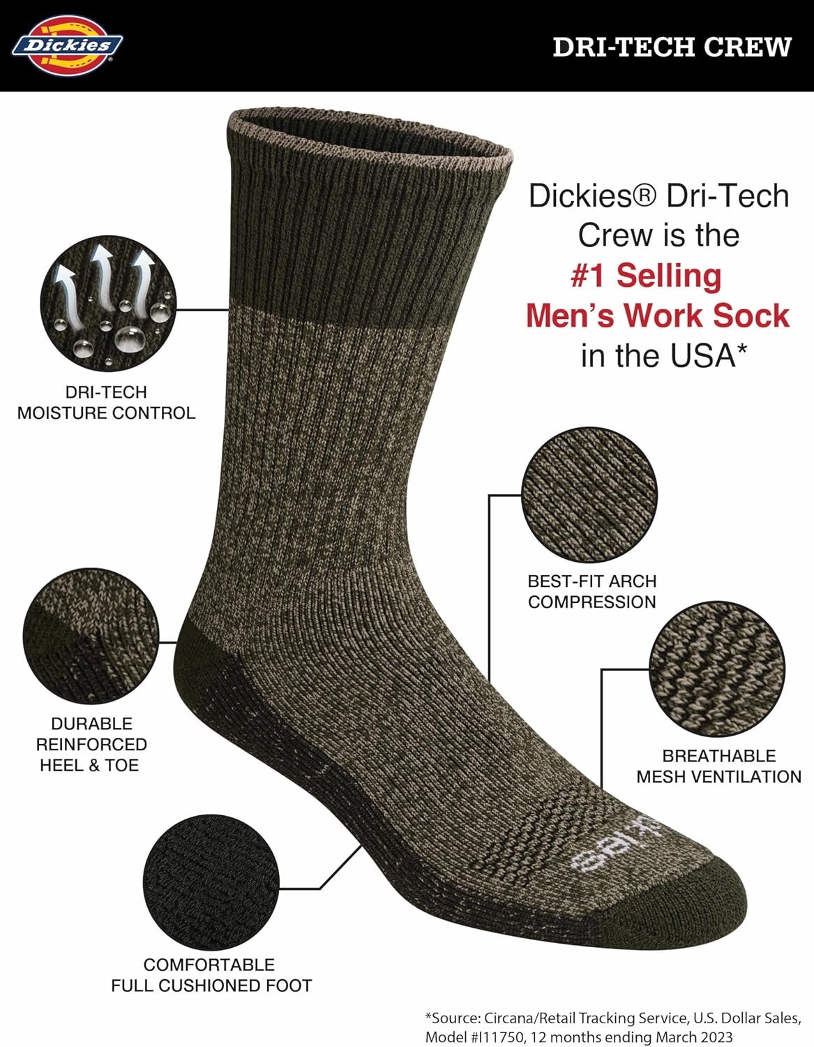 image:imageDickies Mens DriTech Essential Moisture Control Crew Socks Available in MXXL 6 12 PairsOlive Marl 6 Pairs
