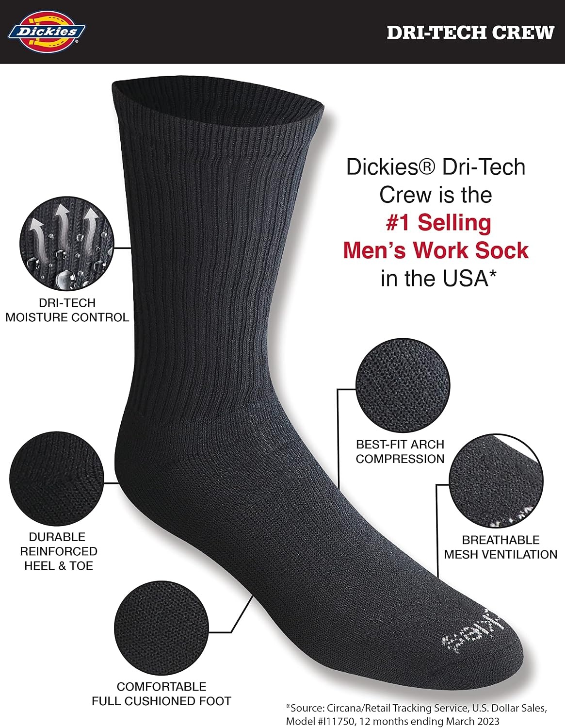 image:imageDickies Mens DriTech Essential Moisture Control Crew Socks Available in MXXL 6 12 PairsSolid Black 12 Pairs