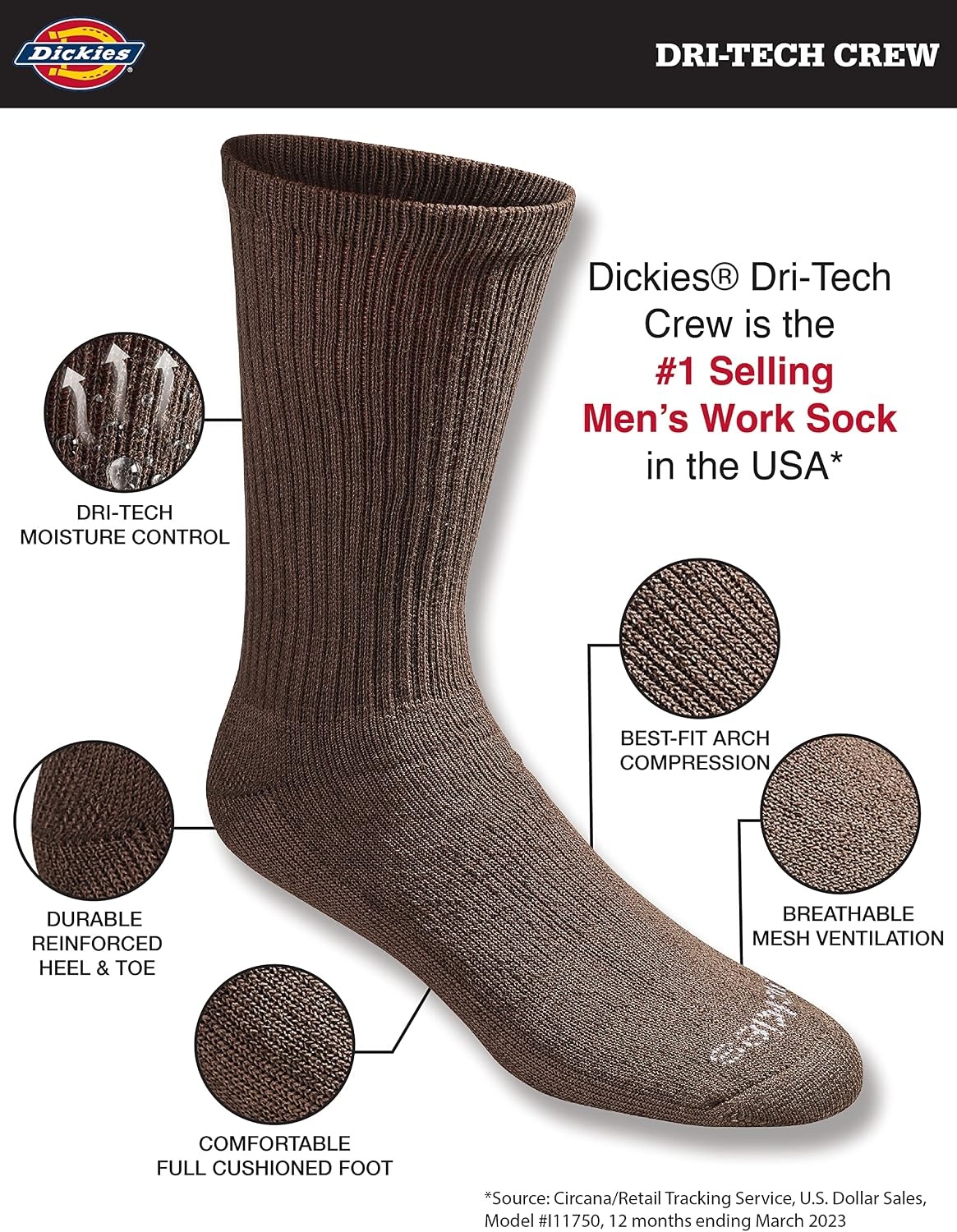 image:imageDickies Mens DriTech Essential Moisture Control Crew Socks Available in MXXL 6 12 PairsSolid Brown 12 Pairs