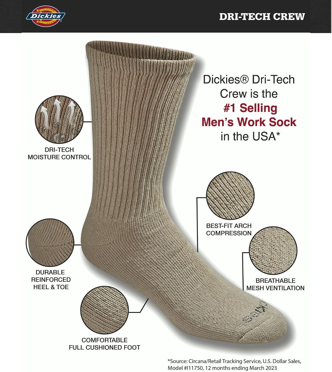 image:imageDickies Mens DriTech Essential Moisture Control Crew Socks Available in MXXL 6 12 PairsSolid Khaki 12 Pairs