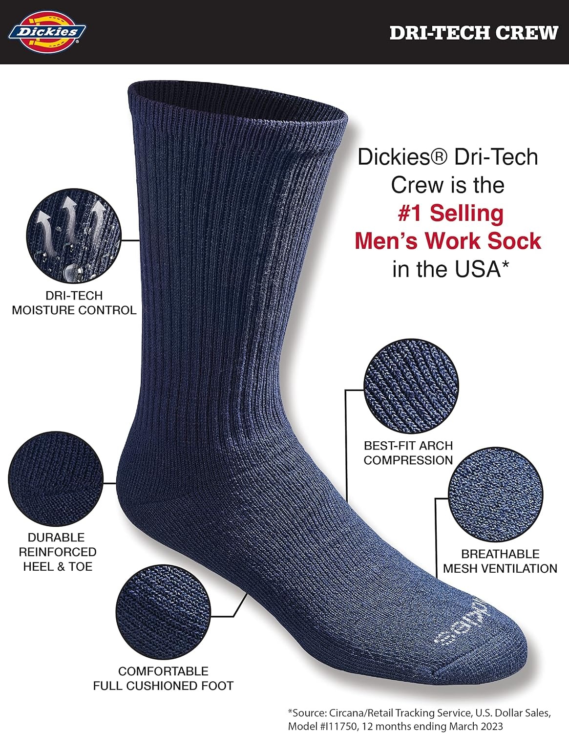 image:imageDickies Mens DriTech Essential Moisture Control Crew Socks Available in MXXL 6 12 PairsSolid Navy 12 Pairs