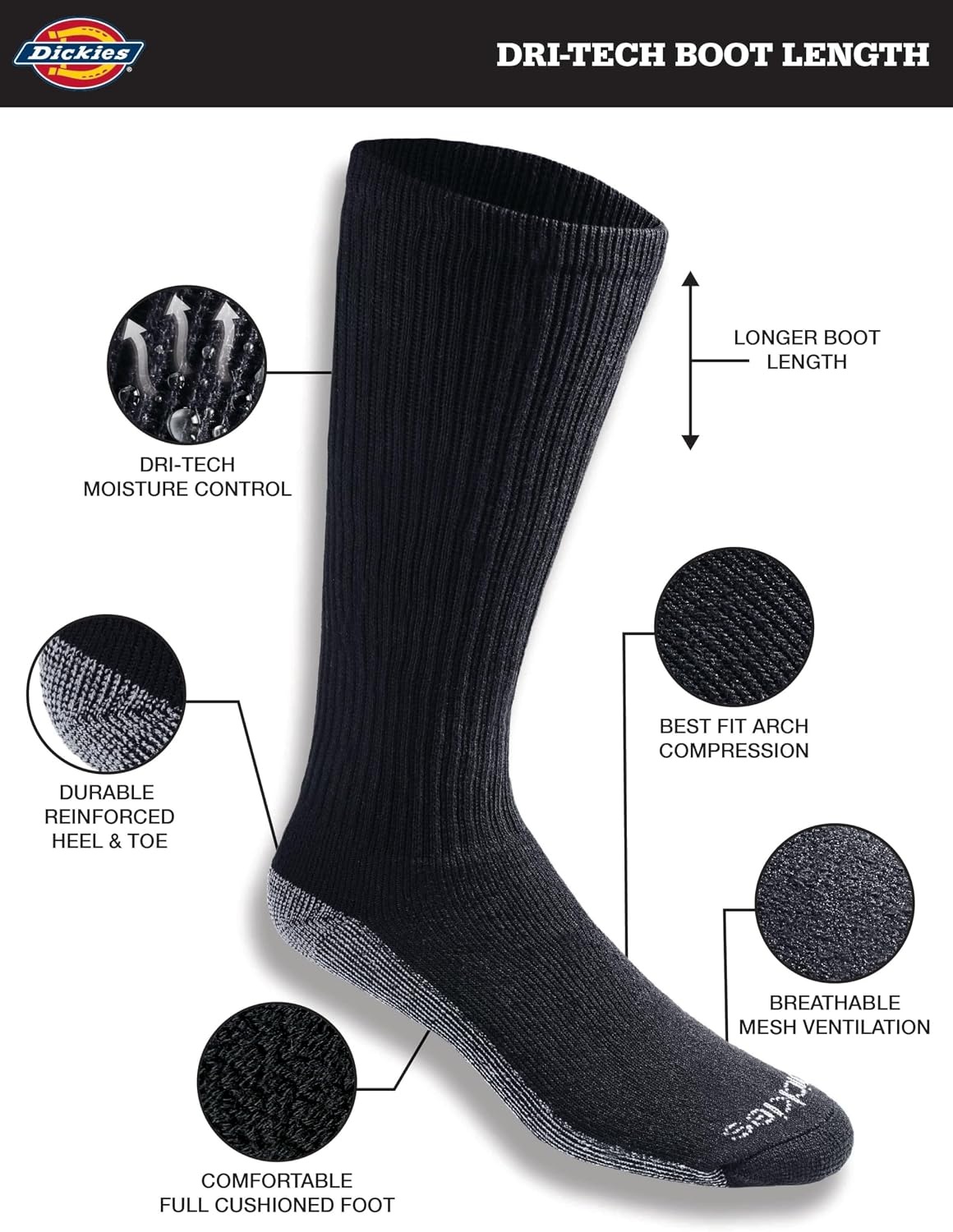 image:imageDickies Mens DriTech Moisture Control BootLength Socks Available in LXL 6 12 PairsBlack 6 Pairs