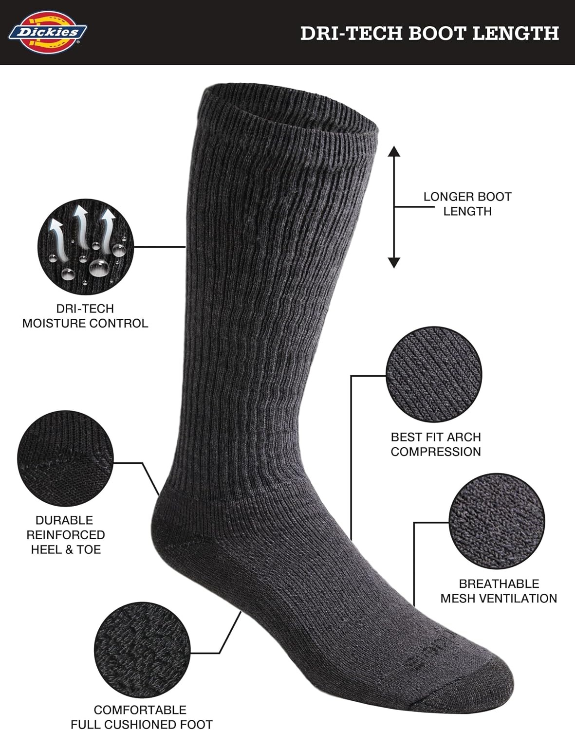 image:imageDickies Mens DriTech Moisture Control BootLength Socks Available in LXL 6 12 PairsCharcoal 6 Pairs