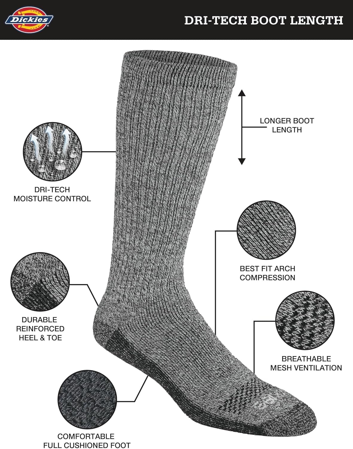 image:imageDickies Mens DriTech Moisture Control BootLength Socks Available in LXL 6 12 PairsMarl Assort 6 Pairs