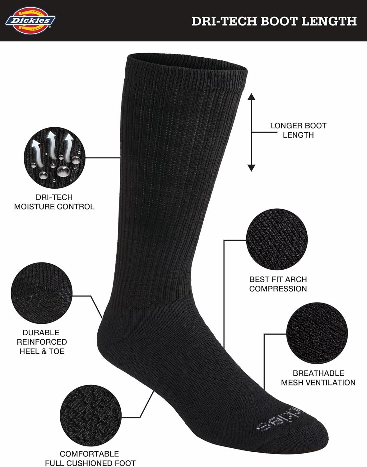image:imageDickies Mens DriTech Moisture Control BootLength Socks Available in LXL 6 12 PairsSolid Black 6 Pairs
