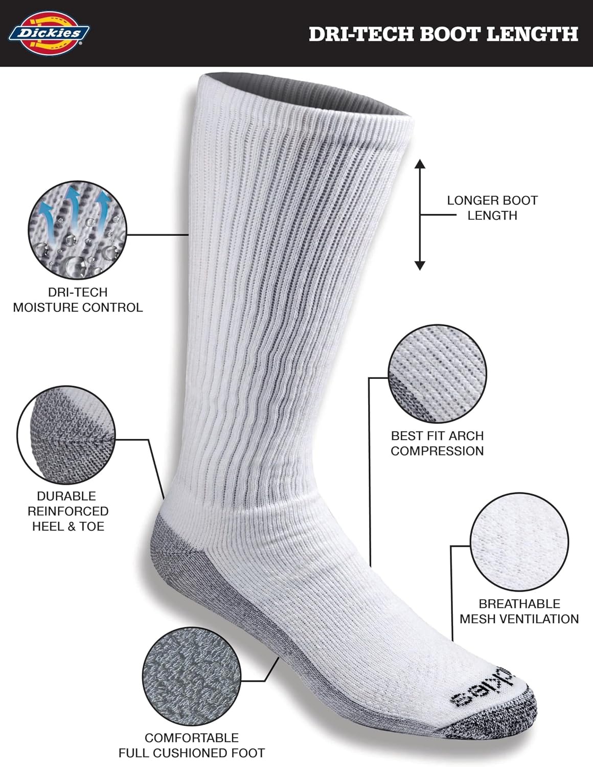 image:imageDickies Mens DriTech Moisture Control BootLength Socks Available in LXL 6 12 PairsWhite 12 Pairs