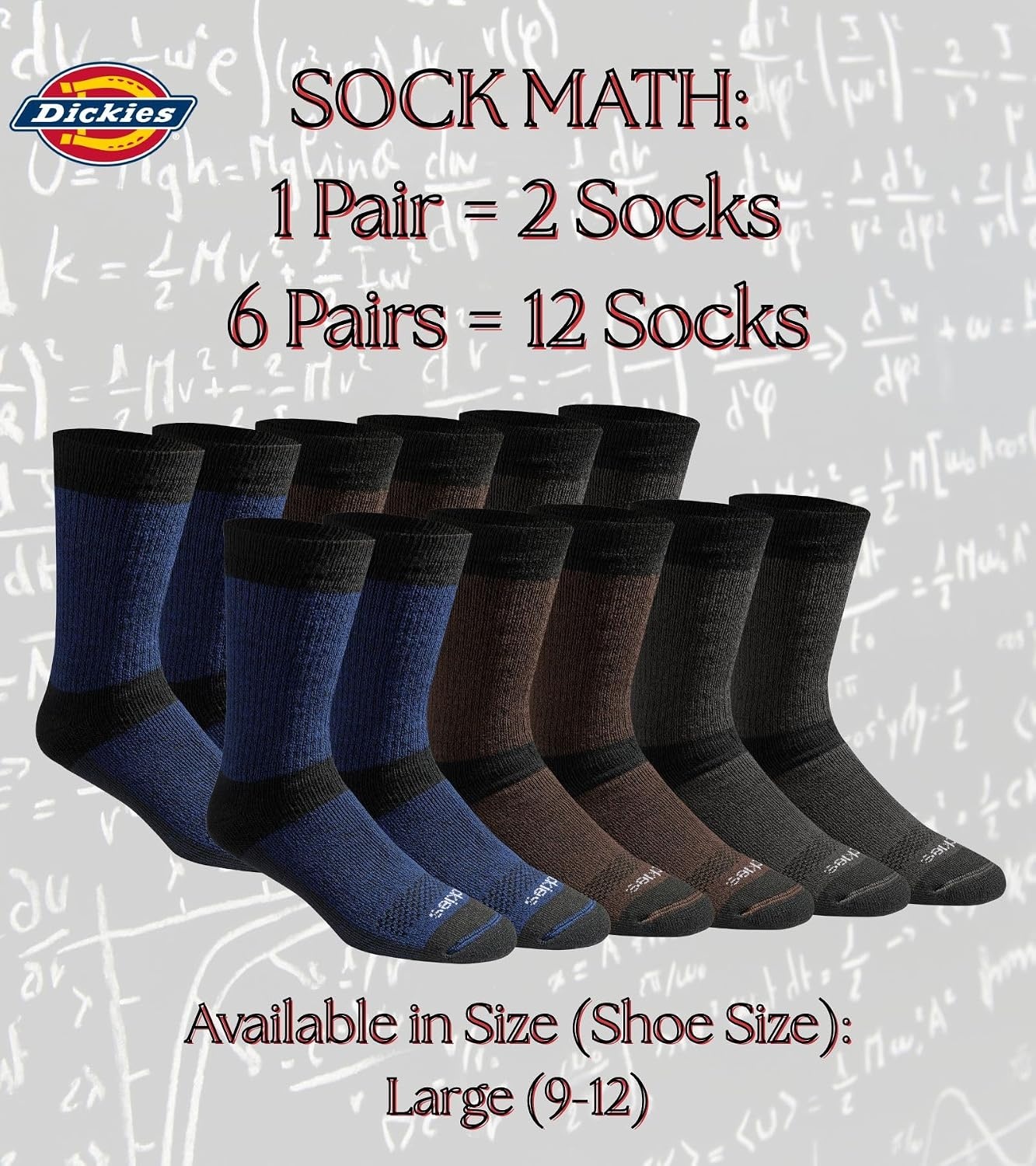 image:imageDickies Mens Dritech Moisture Control Max Full Cushion Crew Socks Available in Mxl 6 12 PairsBrown Blue Grey 6 Pairs