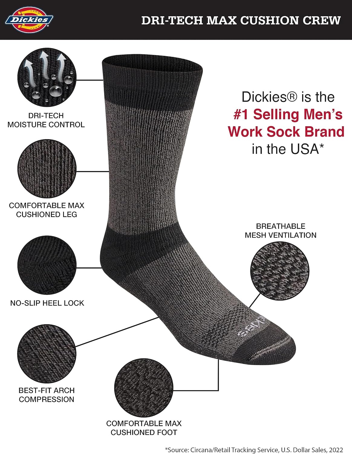 image:imageDickies Mens Dritech Moisture Control Max Full Cushion Crew Socks Available in Mxl 6 12 PairsBrown Blue Grey 6 Pairs