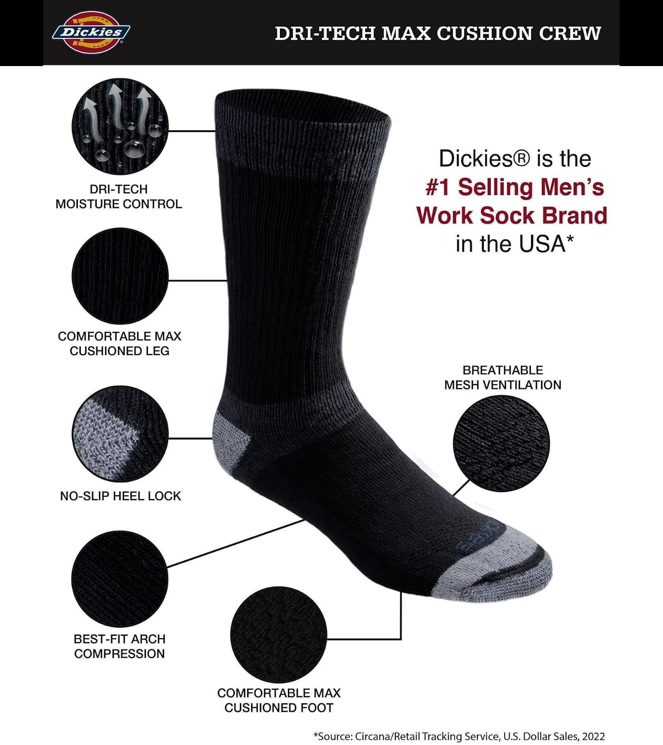 image:imageDickies Mens Dritech Moisture Control Max Full Cushion Crew Socks Available in Mxl 6 12 PairsColorblock BlackChar 6 Pairs