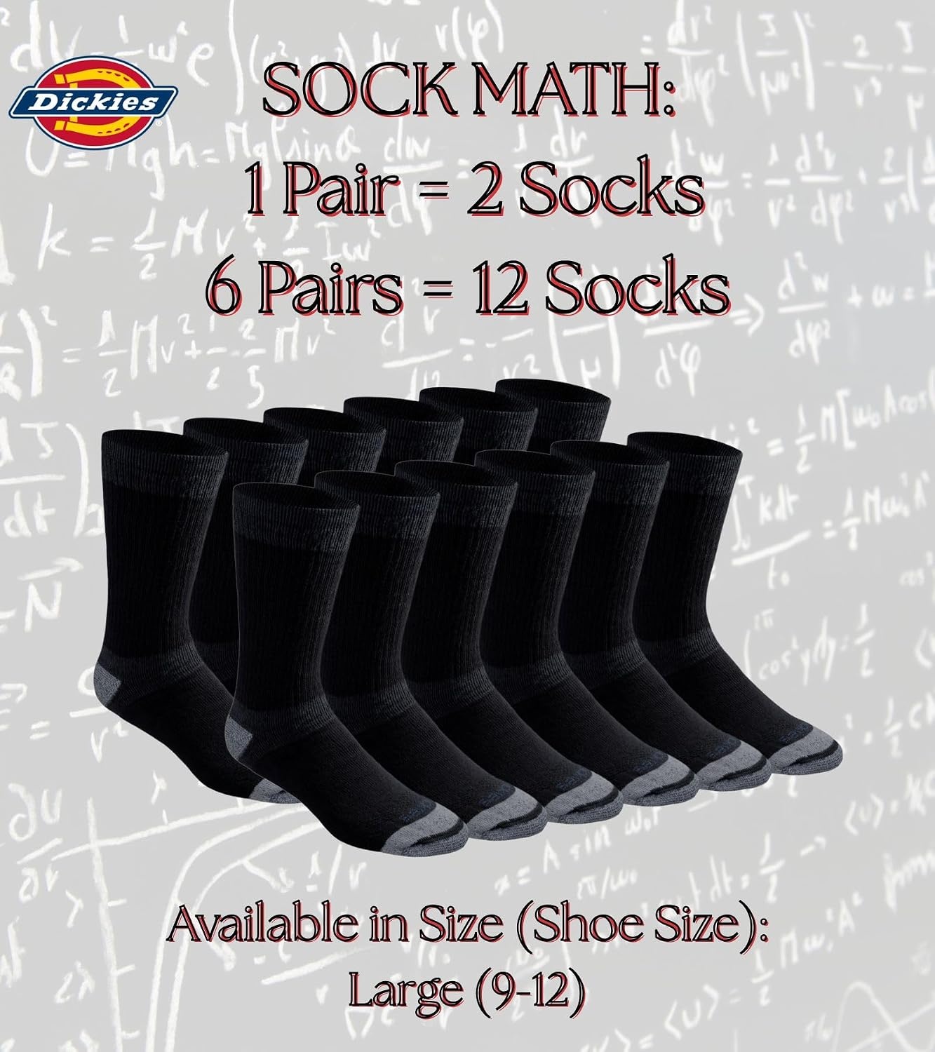 image:imageDickies Mens Dritech Moisture Control Max Full Cushion Crew Socks Available in Mxl 6 12 PairsColorblock BlackChar 6 Pairs
