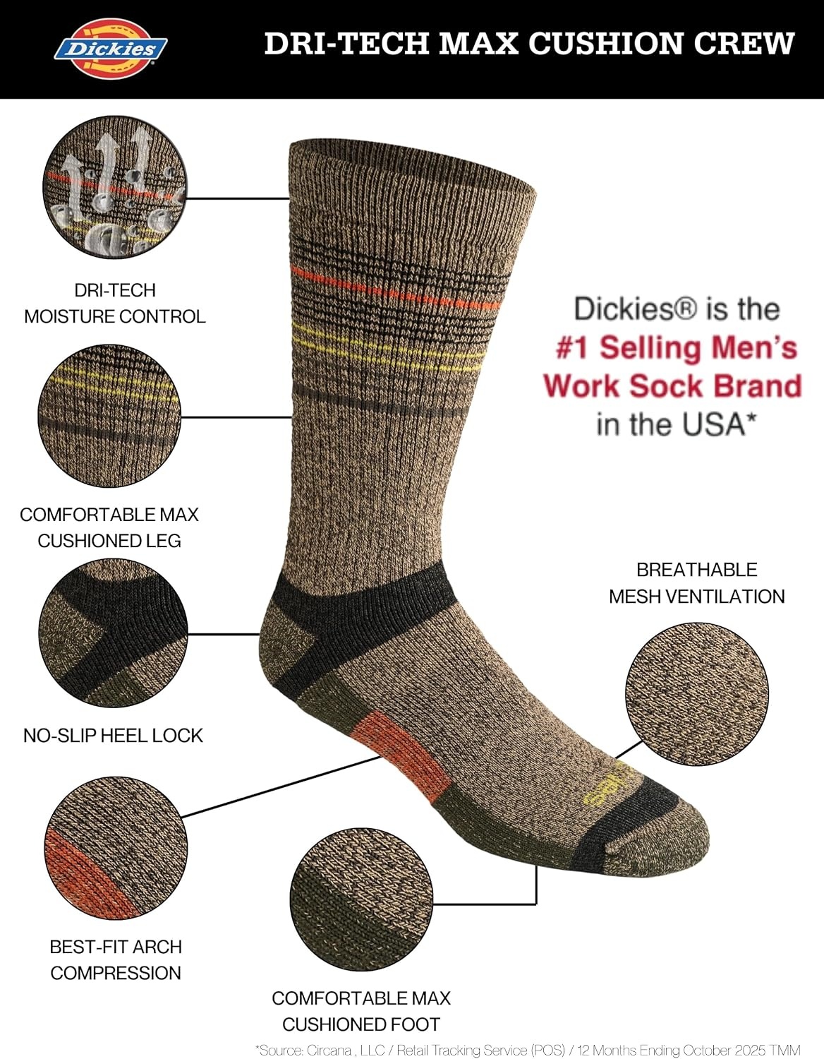 image:imageDickies Mens Dritech Moisture Control Max Full Cushion Crew Socks Available in Mxl 6 12 PairsOlive Assorted 6 Pairs
