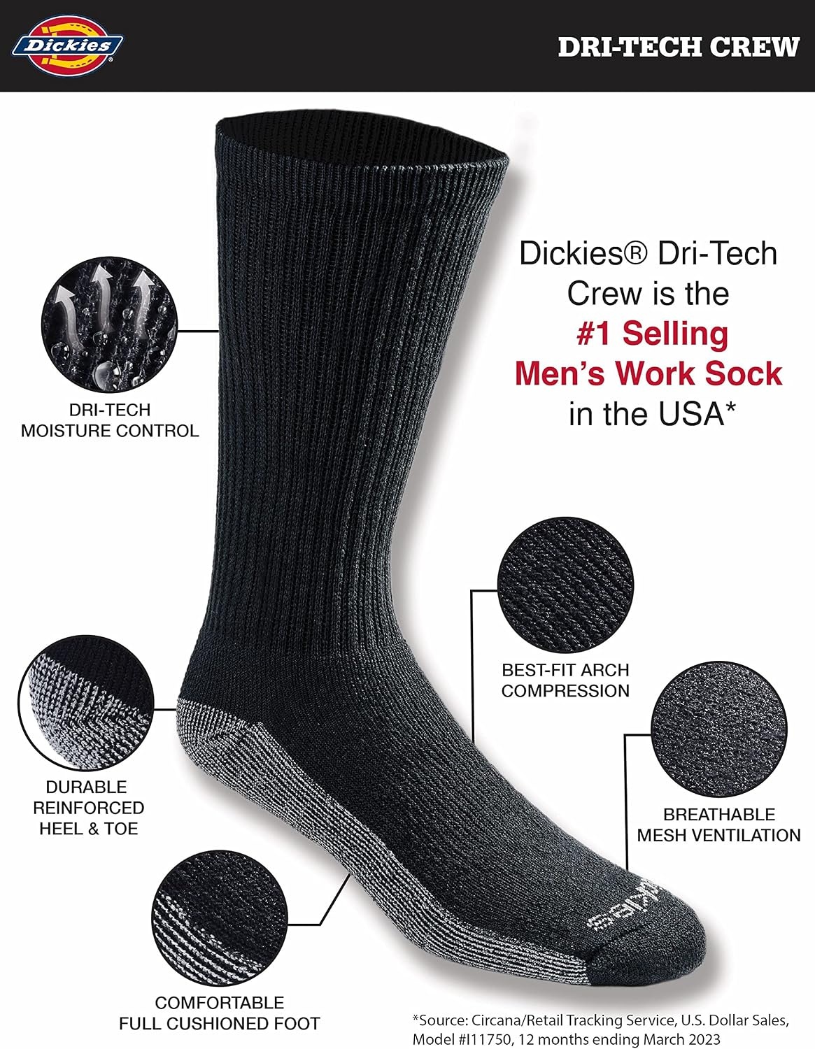image:imageDickies Mens Dritech Original Moisture Control Crew Socks Available in Mxxl 6 12 18 PairsBlack 6 Pairs