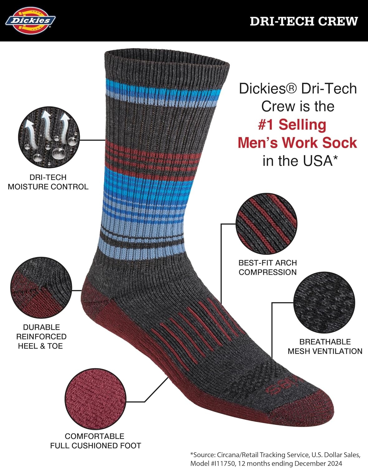 image:imageDickies Mens Dritech Original Moisture Control Crew Socks Available in Mxxl 6 12 18 PairsBlack Blue Assort 6 Pairs