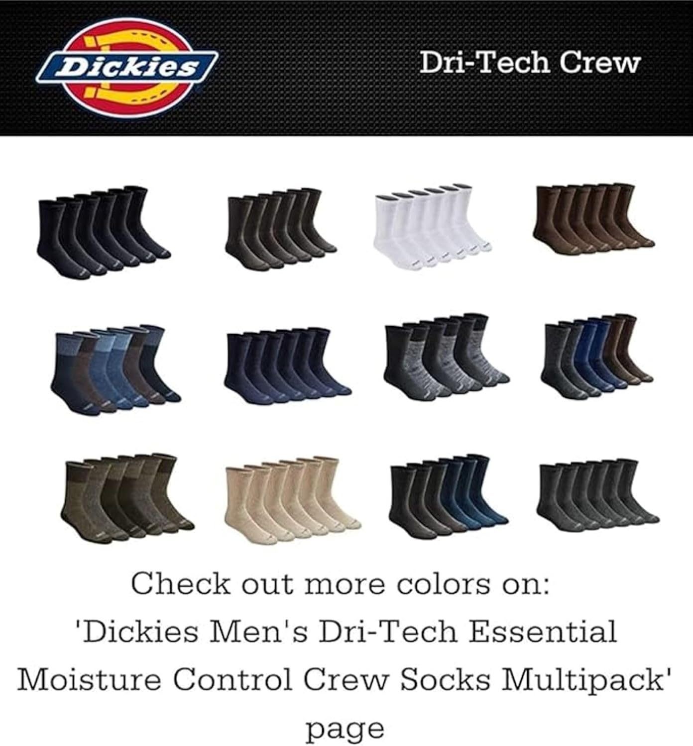 image:imageDickies Mens Dritech Original Moisture Control Crew Socks Available in Mxxl 6 12 18 PairsBlack Bright 12 Pairs