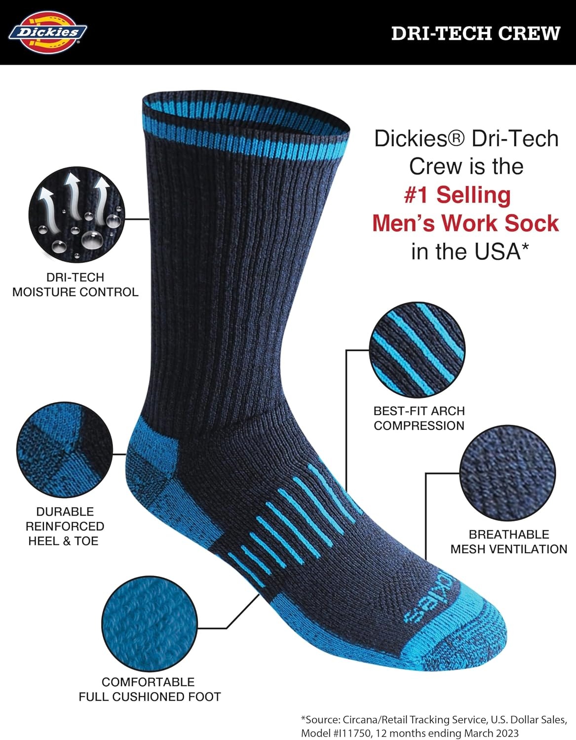image:imageDickies Mens Dritech Original Moisture Control Crew Socks Available in Mxxl 6 12 18 PairsBlack Bright 12 Pairs