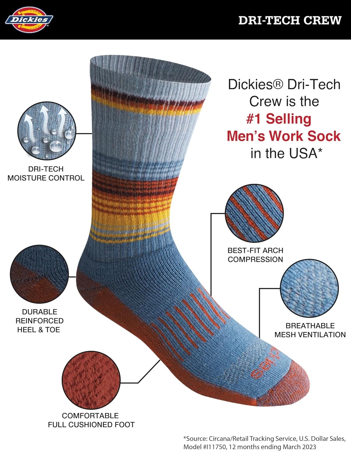 image:imageDickies Mens Dritech Original Moisture Control Crew Socks Available in Mxxl 6 12 18 PairsBlue Assort 12 Pairs