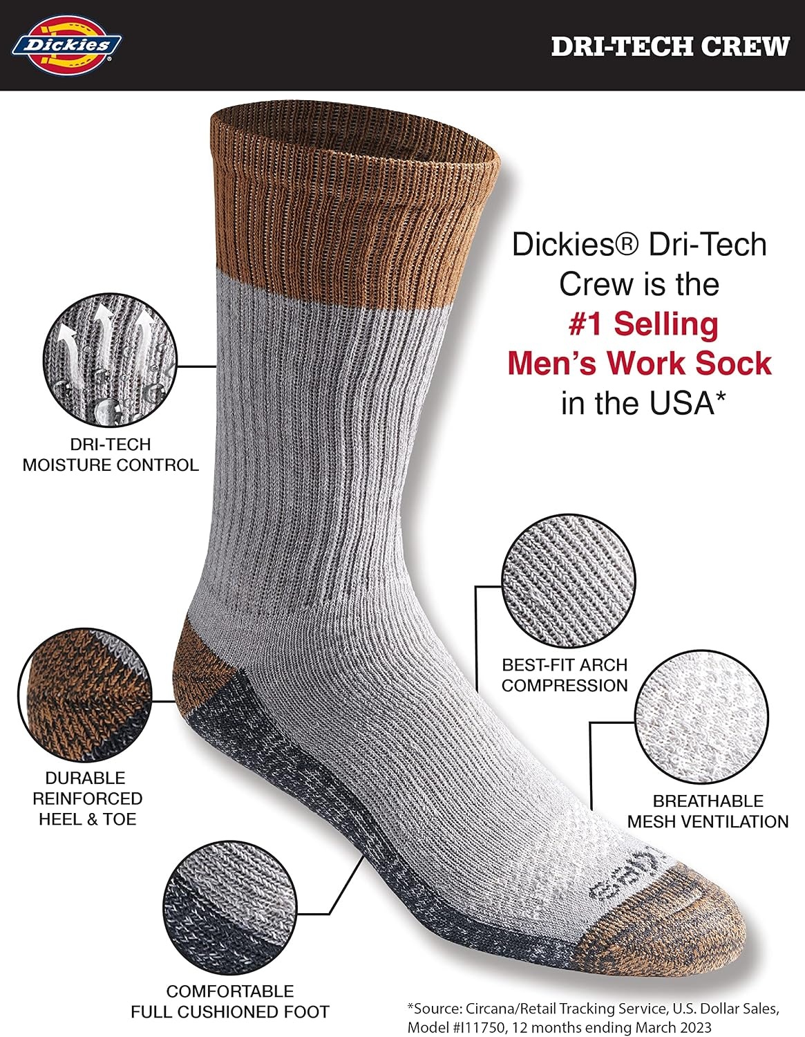 image:imageDickies Mens Dritech Original Moisture Control Crew Socks Available in Mxxl 6 12 18 PairsColor Block Assorted 6 Pairs
