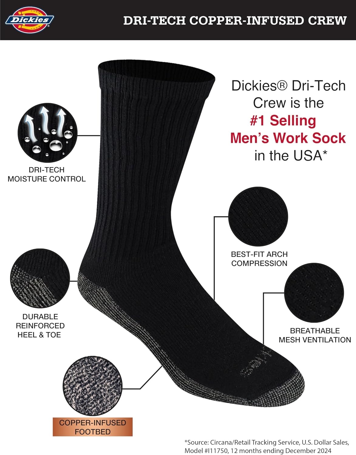 image:imageDickies Mens Dritech Original Moisture Control Crew Socks Available in Mxxl 6 12 18 PairsCopper Black 6 Pairs