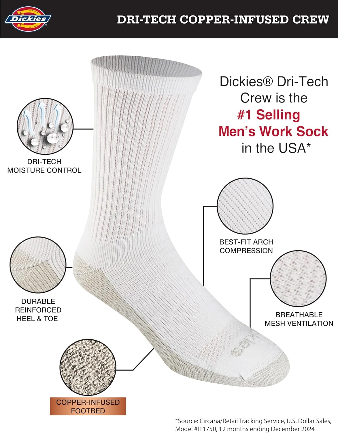 image:imageDickies Mens Dritech Original Moisture Control Crew Socks Available in Mxxl 6 12 18 PairsCopper White 6 Pairs