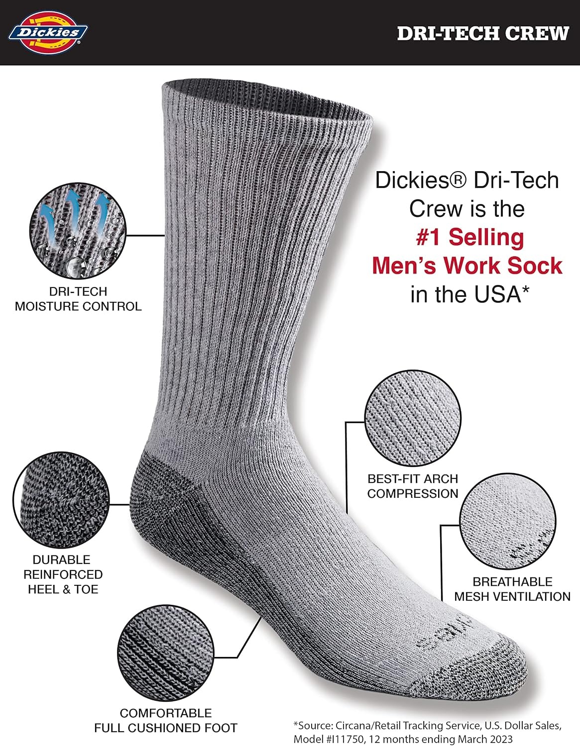 image:imageDickies Mens Dritech Original Moisture Control Crew Socks Available in Mxxl 6 12 18 PairsGray 18 Pairs