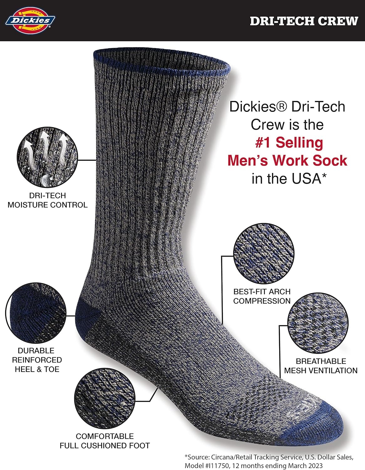 image:imageDickies Mens Dritech Original Moisture Control Crew Socks Available in Mxxl 6 12 18 PairsHeathered Colors 12 Pairs