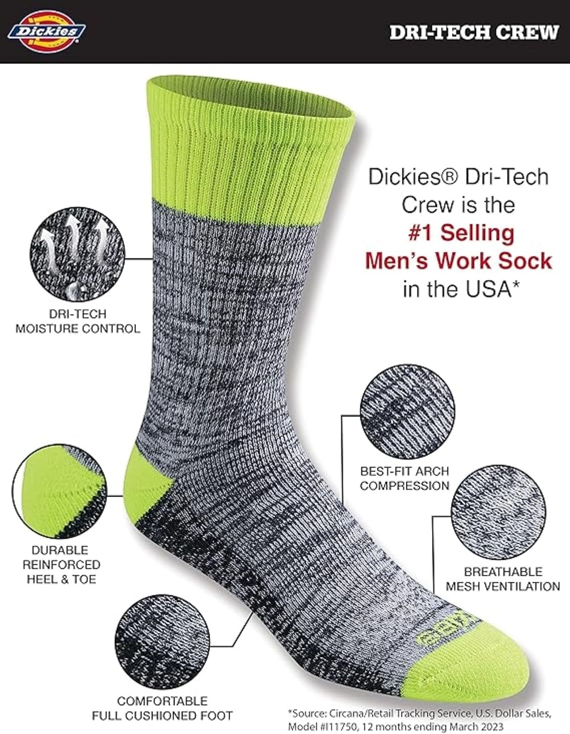 image:imageDickies Mens Dritech Original Moisture Control Crew Socks Available in Mxxl 6 12 18 PairsHivis Asst 12 Pairs
