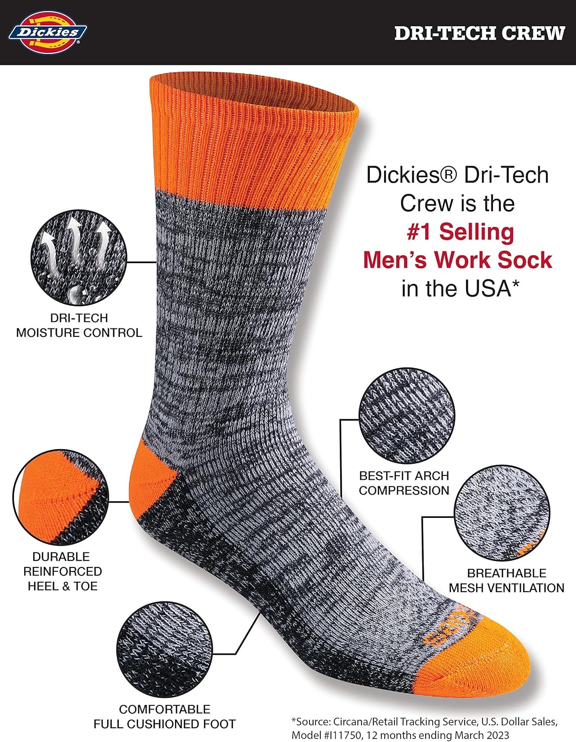 image:imageDickies Mens Dritech Original Moisture Control Crew Socks Available in Mxxl 6 12 18 PairsHivis Orange Black 6 Pairs