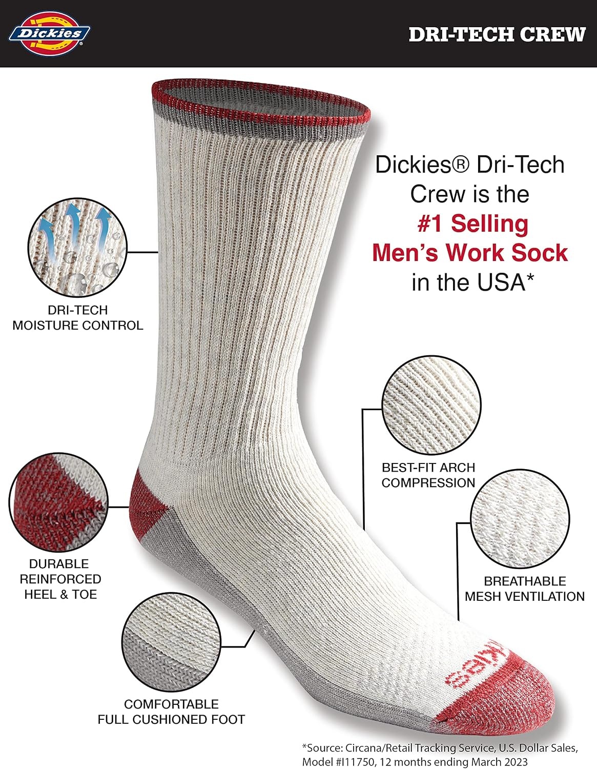 image:imageDickies Mens Dritech Original Moisture Control Crew Socks Available in Mxxl 6 12 18 PairsOatmeal Assorted 6 Pairs