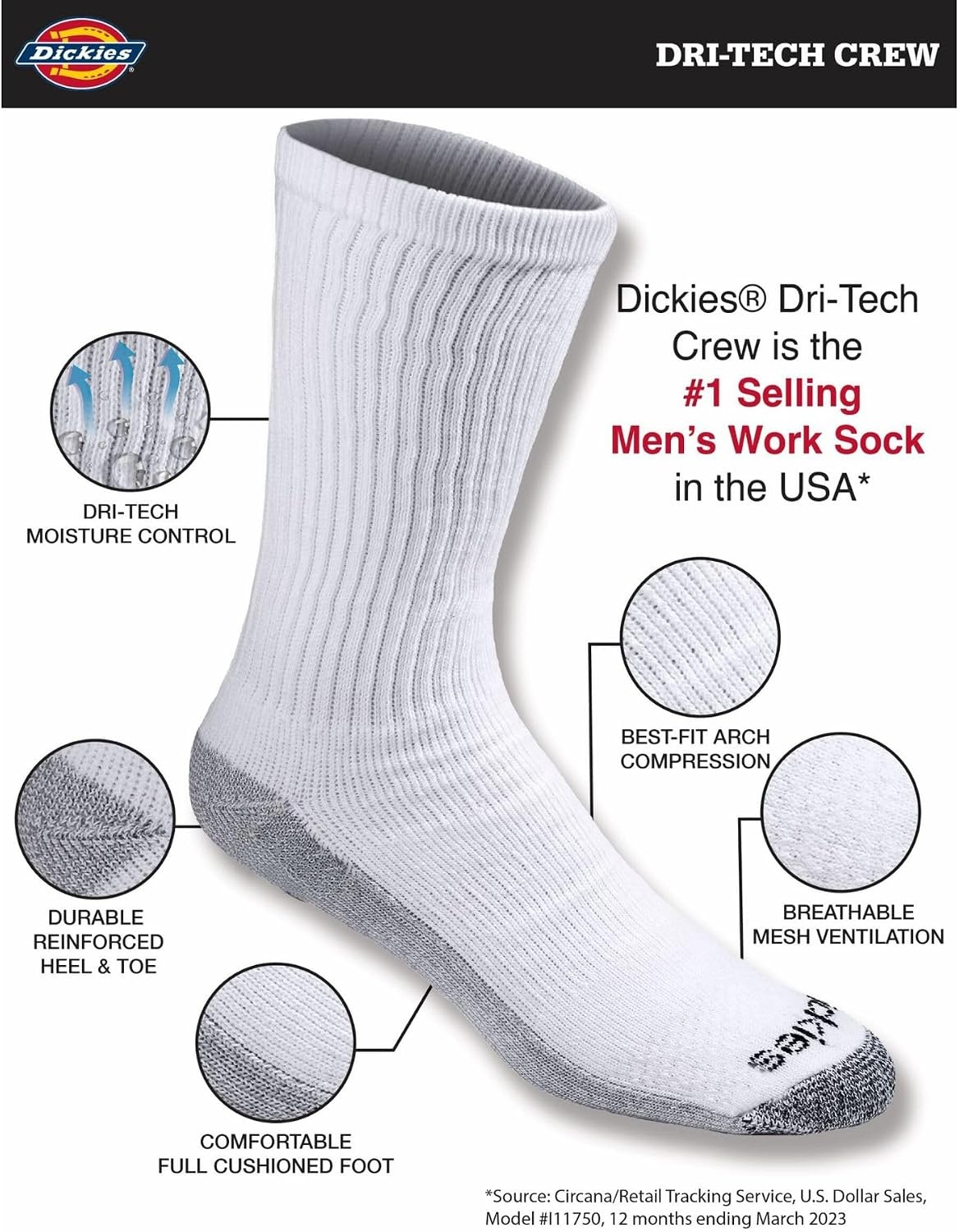 image:imageDickies Mens Dritech Original Moisture Control Crew Socks Available in Mxxl 6 12 18 PairsWhite 18 Pairs
