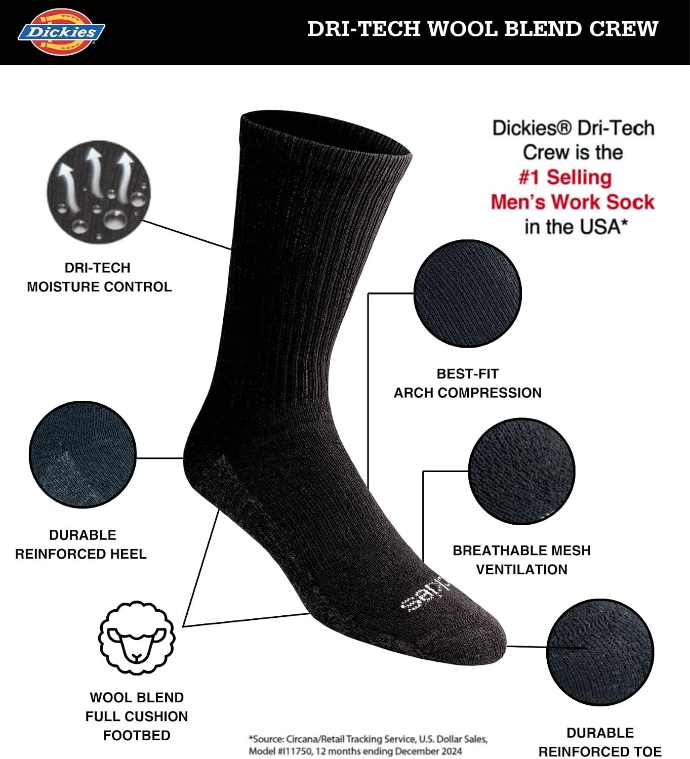 image:imageDickies Mens Dritech Original Moisture Control Crew Socks Available in Mxxl 6 12 18 PairsWool Blend Black 3 Pairs
