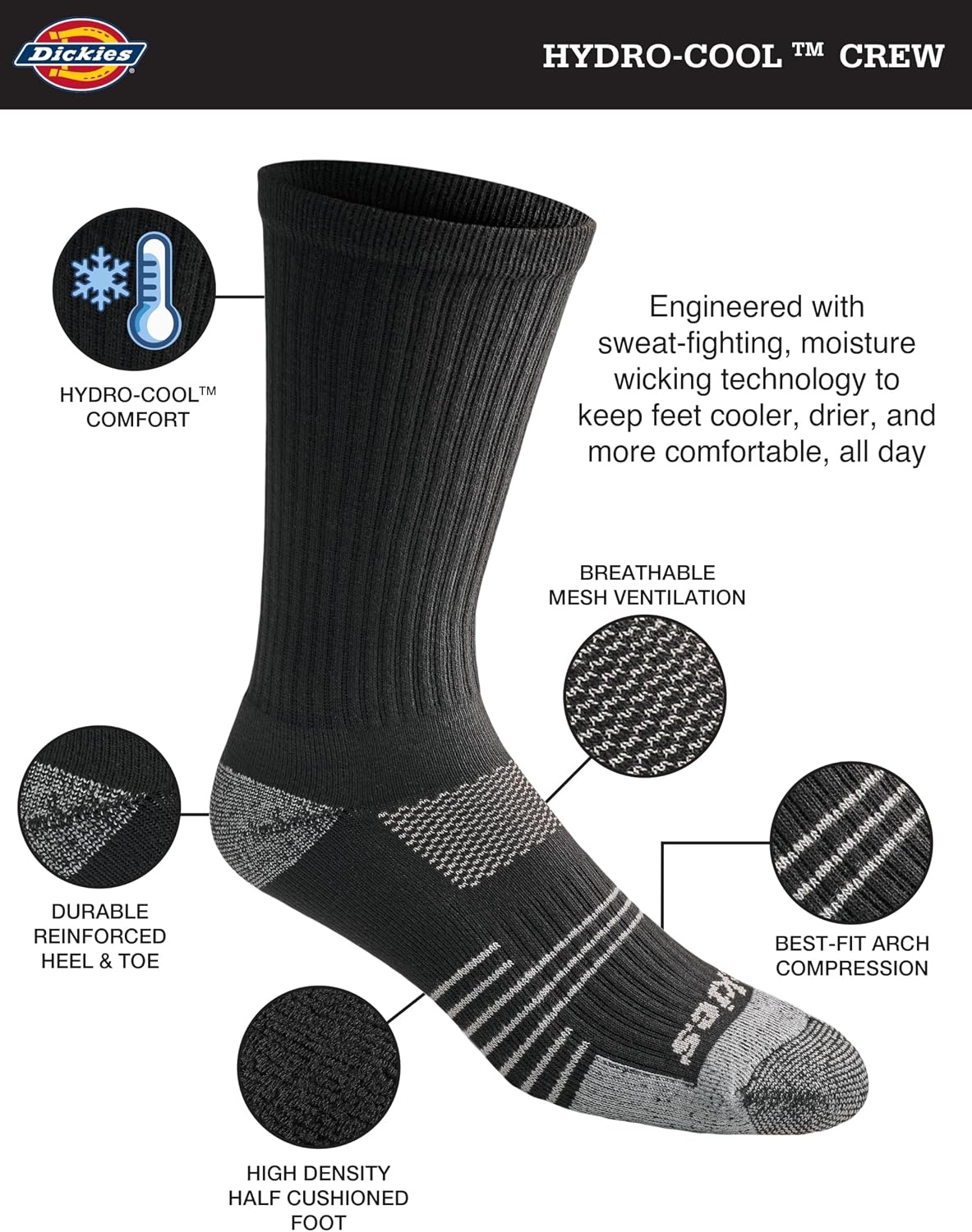 image:imageDickies Mens HYDROCOOL Moisture Control Crew Socks 6 PairsBlack 6 Pairs