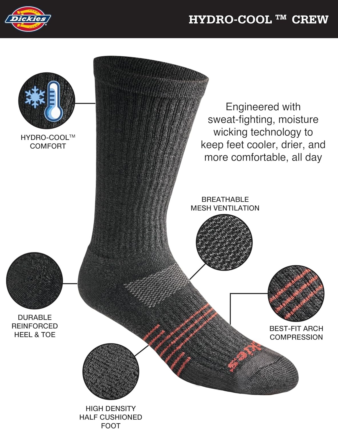 image:imageDickies Mens HYDROCOOL Moisture Control Crew Socks 6 PairsCharcoal 6 Pairs