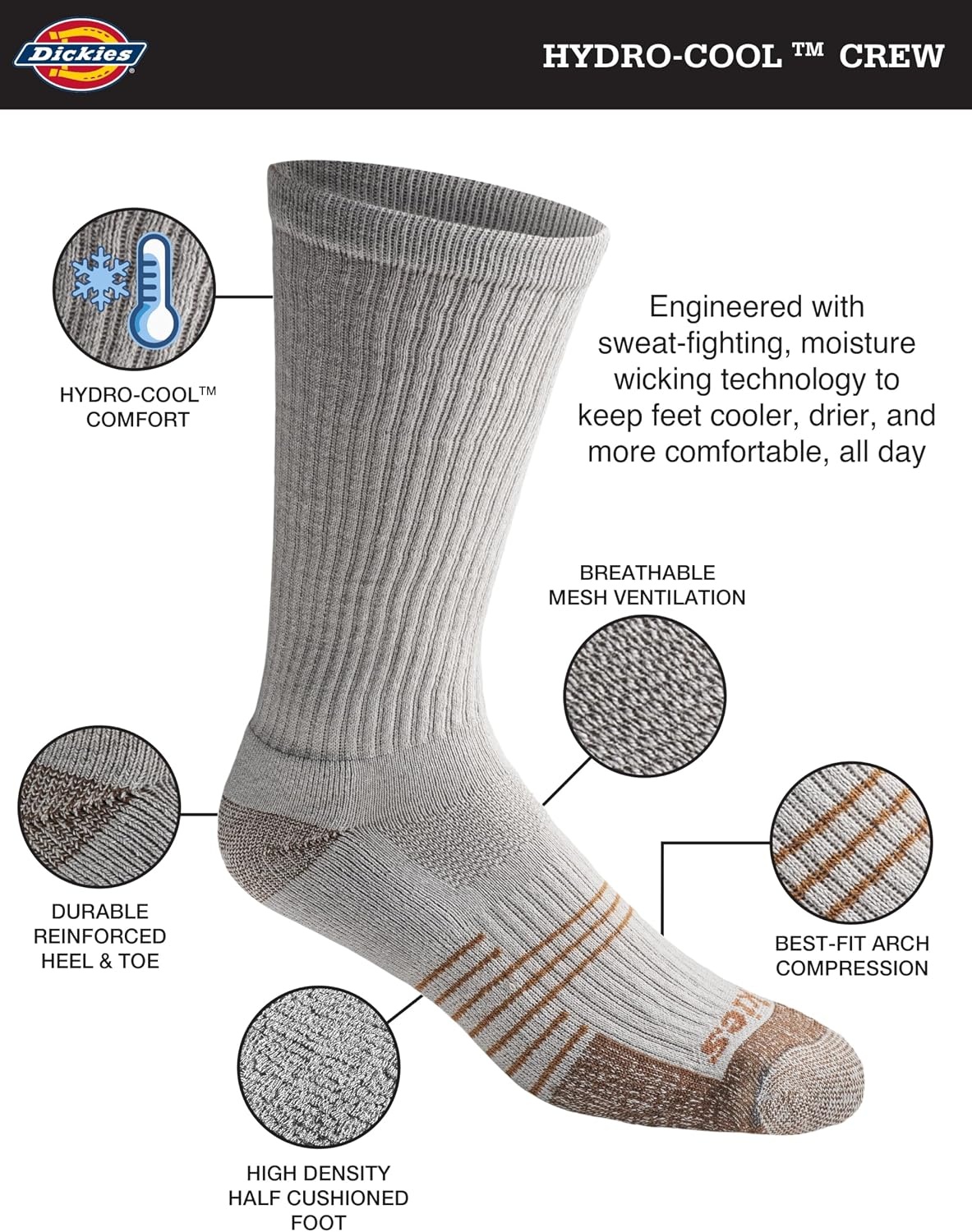 image:imageDickies Mens HYDROCOOL Moisture Control Crew Socks 6 PairsGrey 6 Pairs