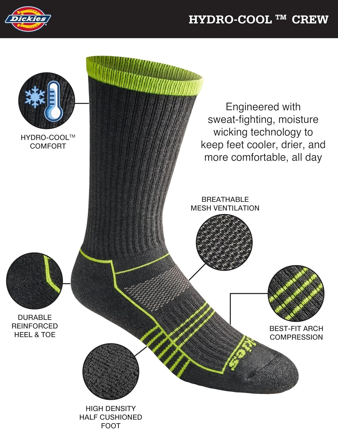 image:imageDickies Mens HYDROCOOL Moisture Control Crew Socks 6 PairsHivis Char Assorted 6 Pairs