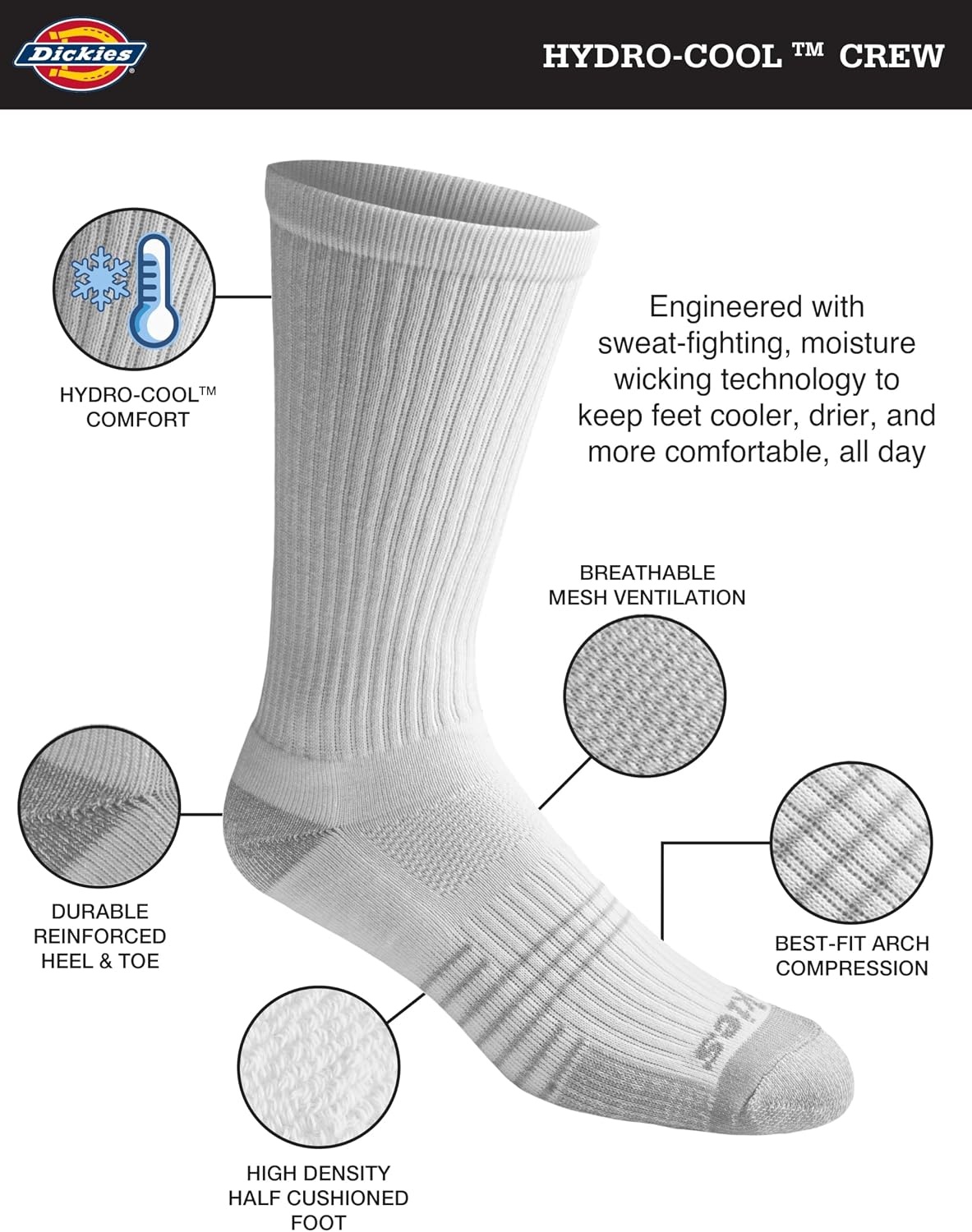 image:imageDickies Mens HYDROCOOL Moisture Control Crew Socks 6 PairsWhite 6 Pairs