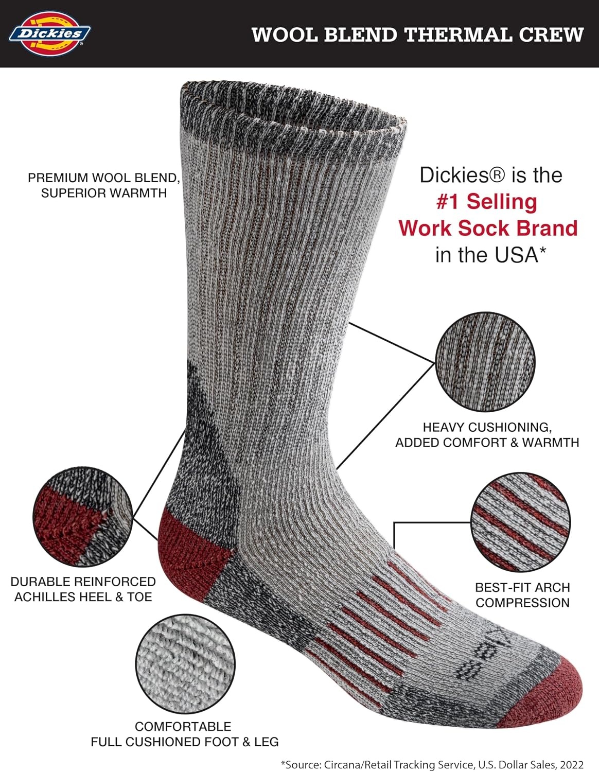 image:imageDickies Mens Heavy Weight Wool Blend Thermal Crew Socks 2 4 PairsBlk 4 Pr