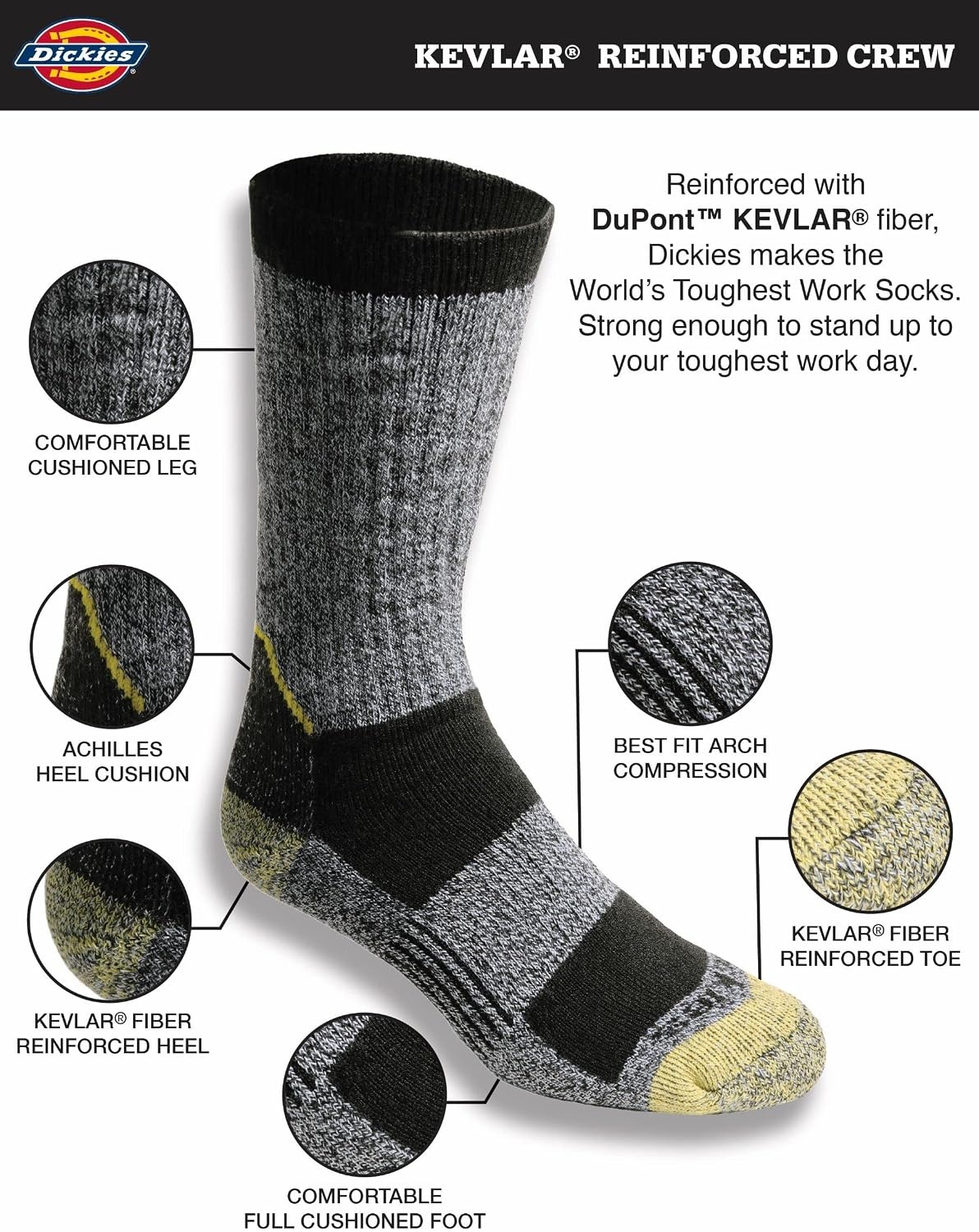 image:imageDickies Mens Kevlar Reinforced Steel Toe Crew Socks Available in Lxl 2 4 PairsBlack 2 Pairs