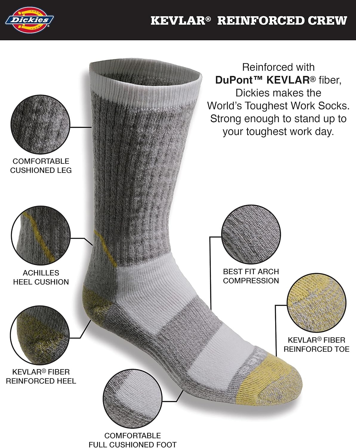 image:imageDickies Mens Kevlar Reinforced Steel Toe Crew Socks Available in Lxl 2 4 PairsGrey 2 Pairs