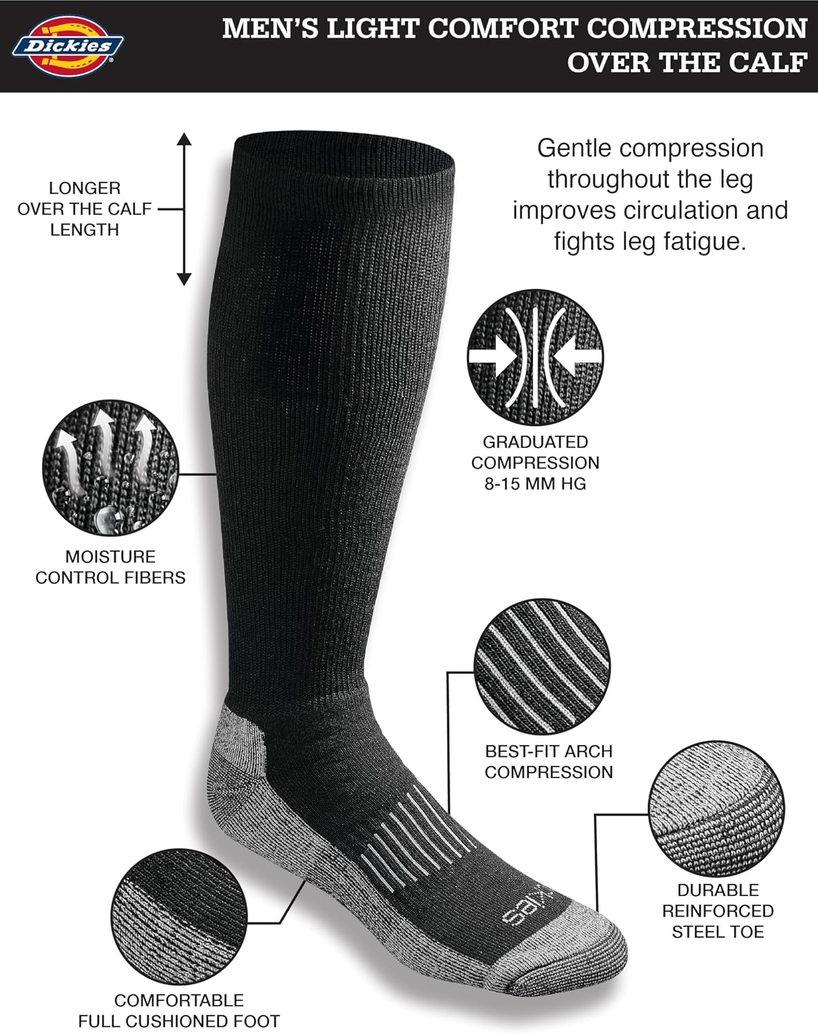 image:imageDickies Mens Light Compression Comfort OverTheCalf Socks Available in MXXL 2 4 6 PairsBlack 2 Pairs
