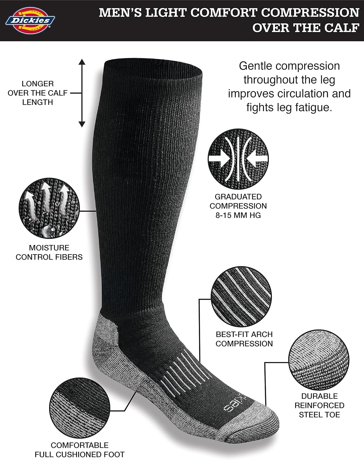 image:imageDickies Mens Light Compression Comfort OverTheCalf Socks Available in MXXL 2 4 6 PairsBlack 6 Pairs